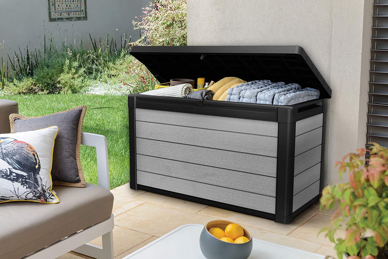 Denali 100 Gallon Resin Large Deck Box - Grey / Black - Bargain Beds