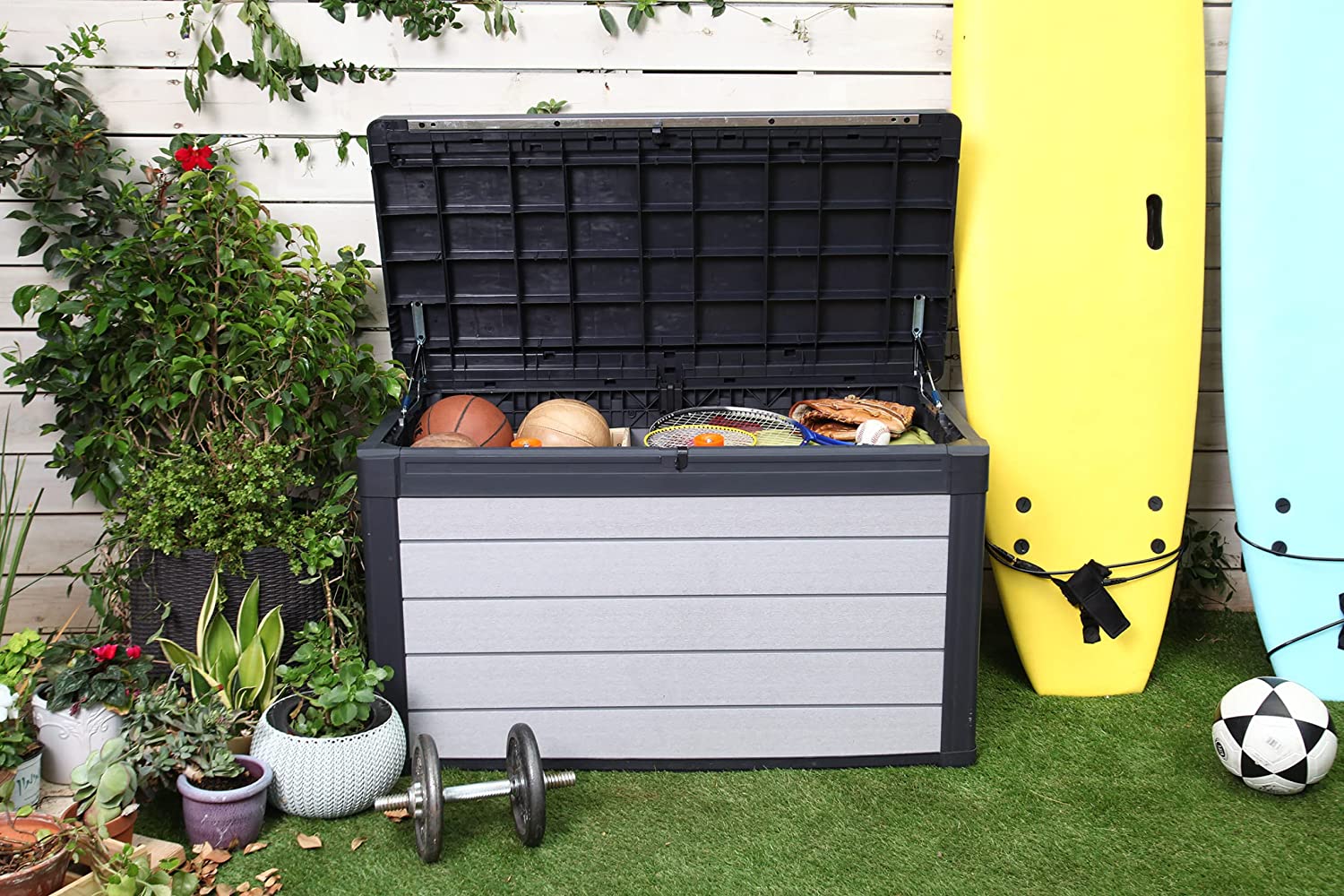 Denali 100 Gallon Resin Large Deck Box - Grey / Black - Bargain Beds