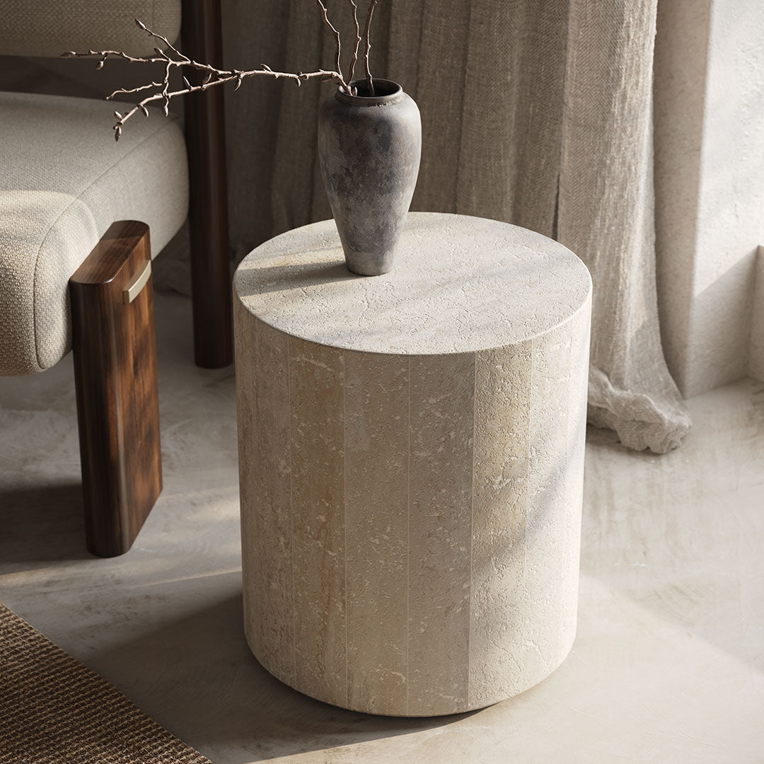 Porto Travertine Side Table, White - Bargain Beds