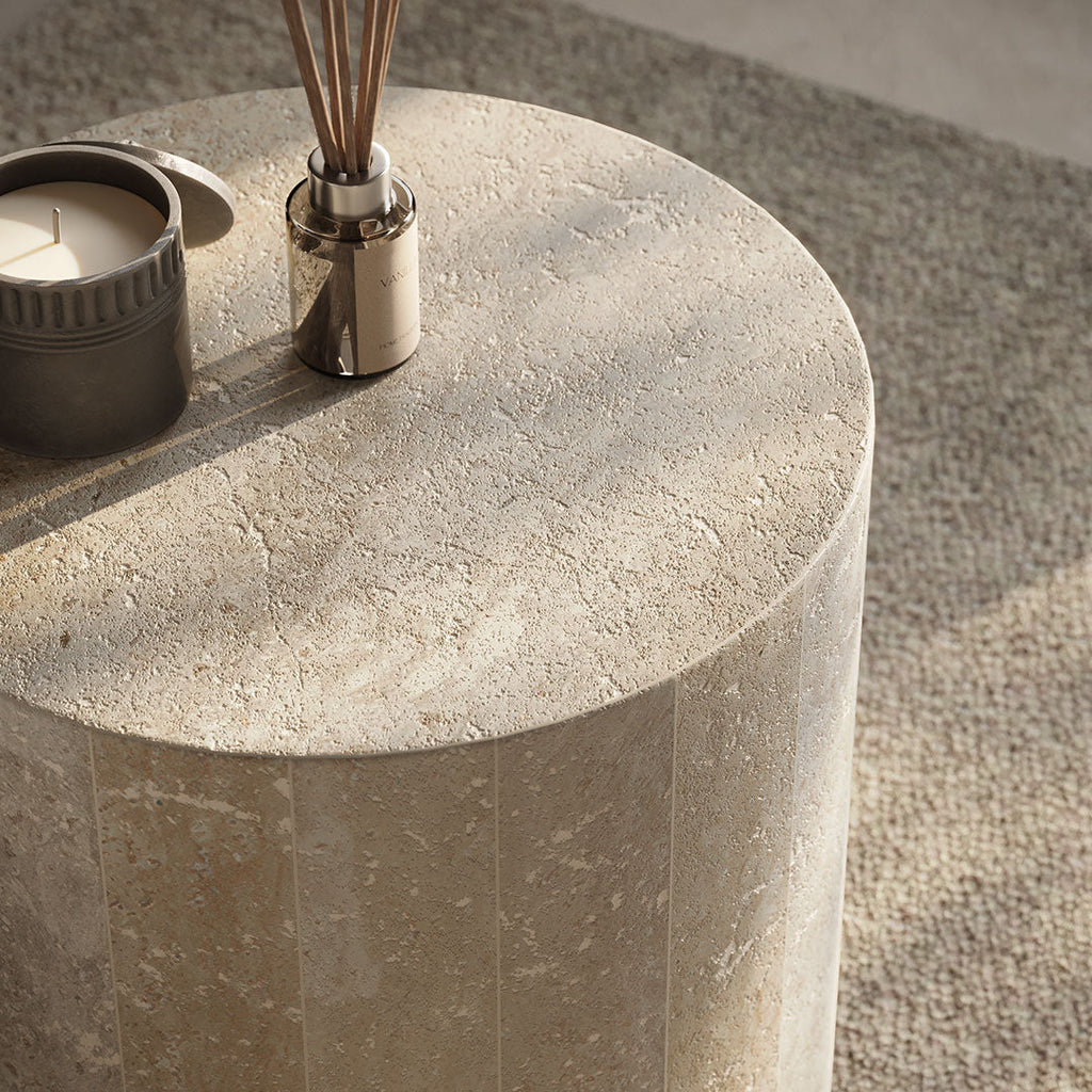 Porto Travertine Side Table, White - Bargain Beds