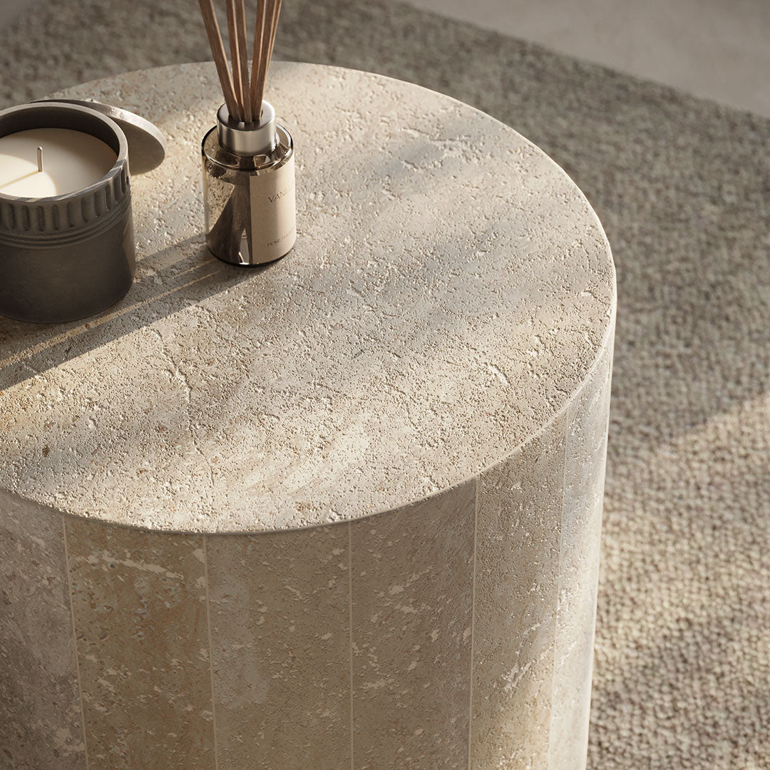 Porto Travertine Side Table, White - Bargain Beds